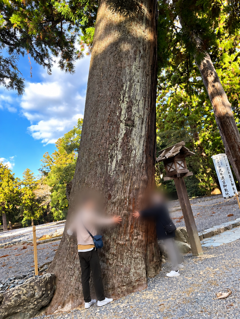 伊勢神宮の大きな杉の木に手を添える2人